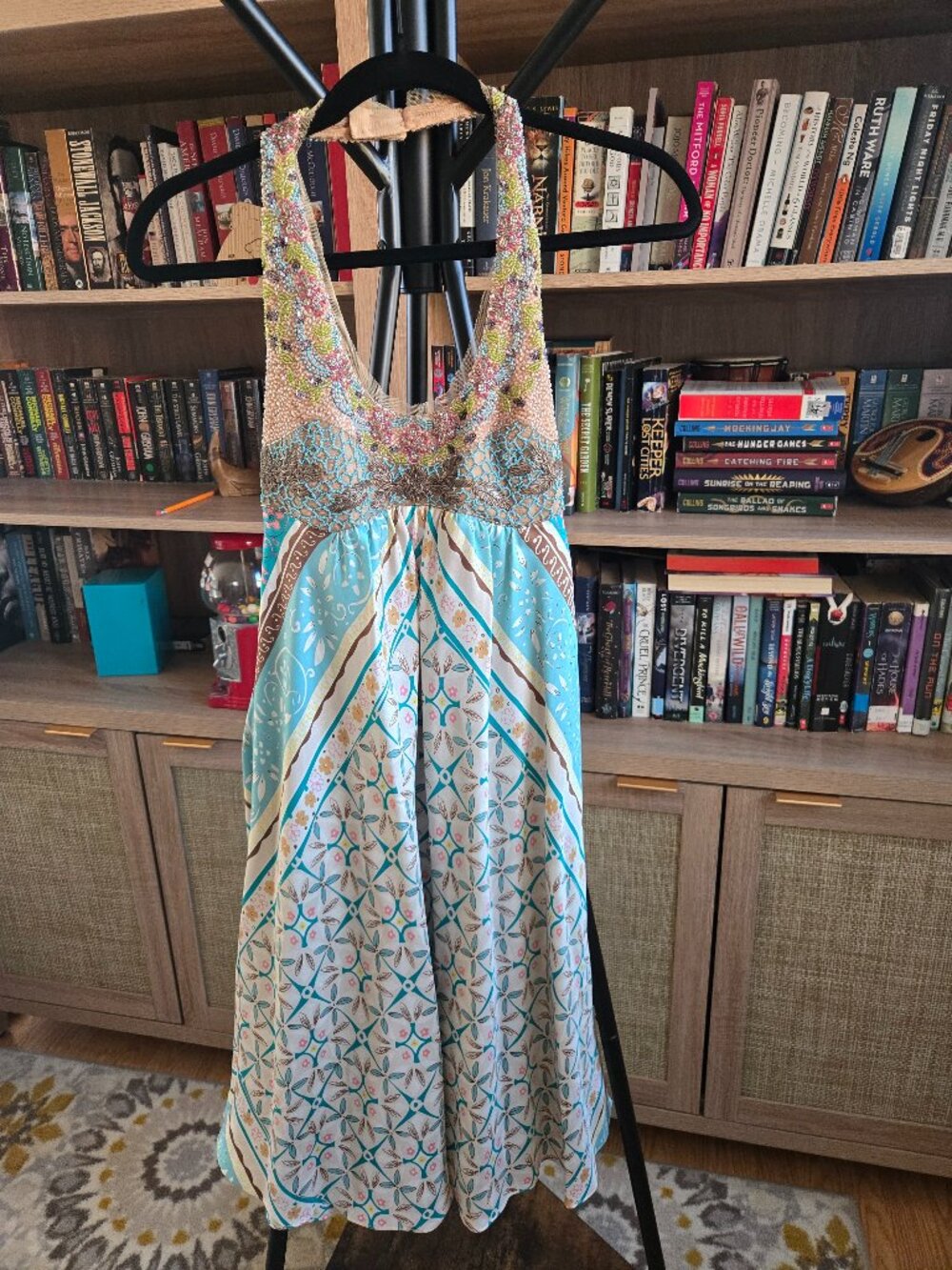 Nicole Miller Beaded Silk Halter Top Dress Boho Geometric print